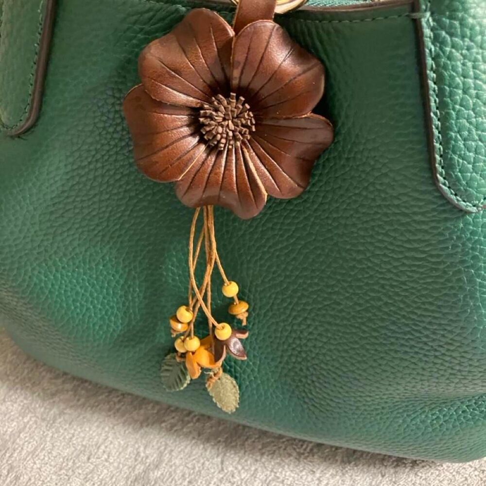 NWT Brown Flower Tassel Keychain Bag Charm with Flowers and Leaves